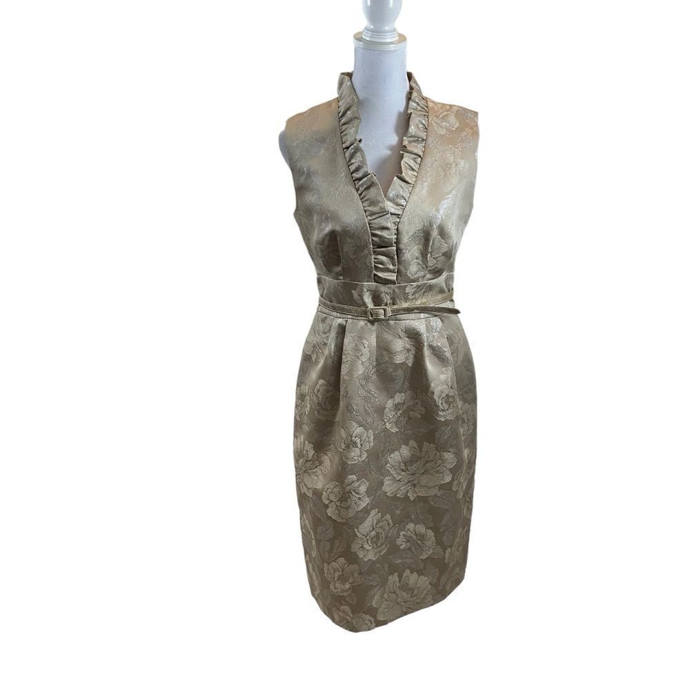 Eliza J Champagne Color Floral Brocade Ruffle Neckline Sleeveless Dress Medium
